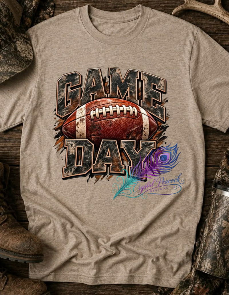 Game Day Football Shirt - distressed graphic on tan shirt
