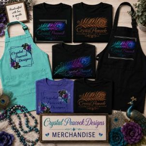 CPD Merchandise collection tile with watercolor peacock feather on lavender background