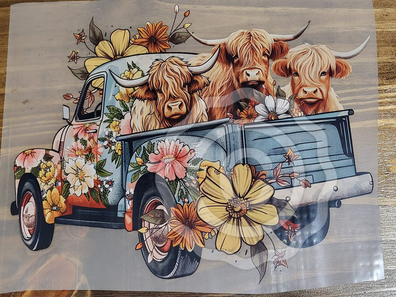Highland Cow Floral Truck three highland cows in vintage floral truck with wildflowers shirt decal