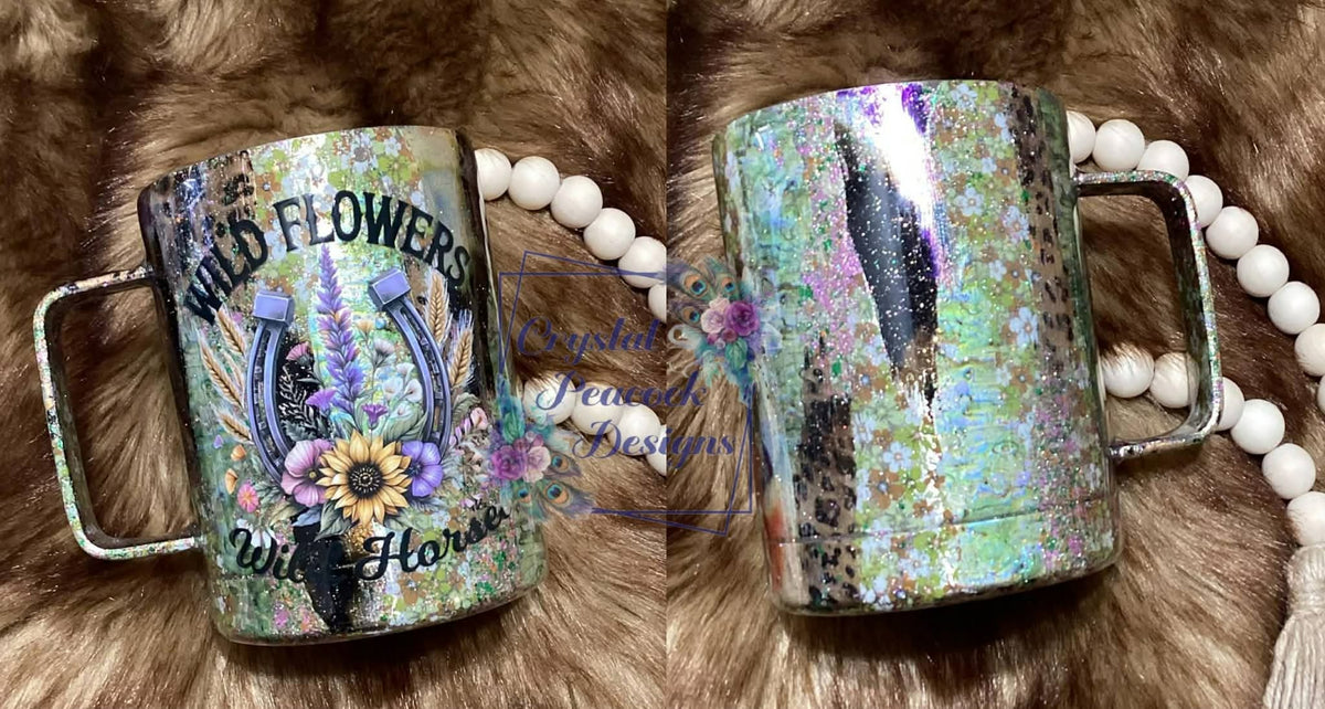 Wild Flowers 10oz Tumbler Mug - iridescent foil texture with Wild Flowers Wild Horses horseshoe decal
