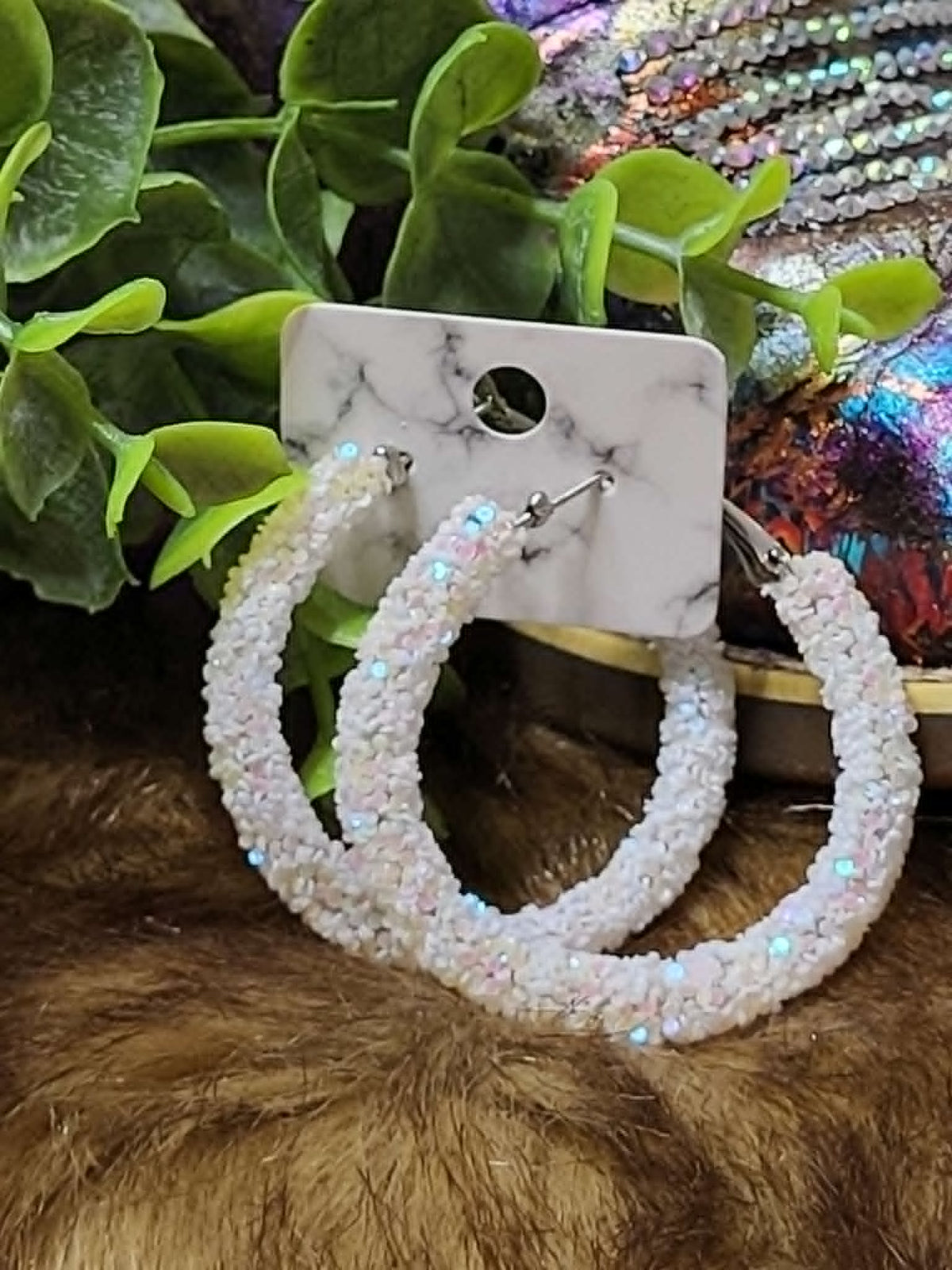 Medium Sparkle Hoop Earrings in white iridescent crystal