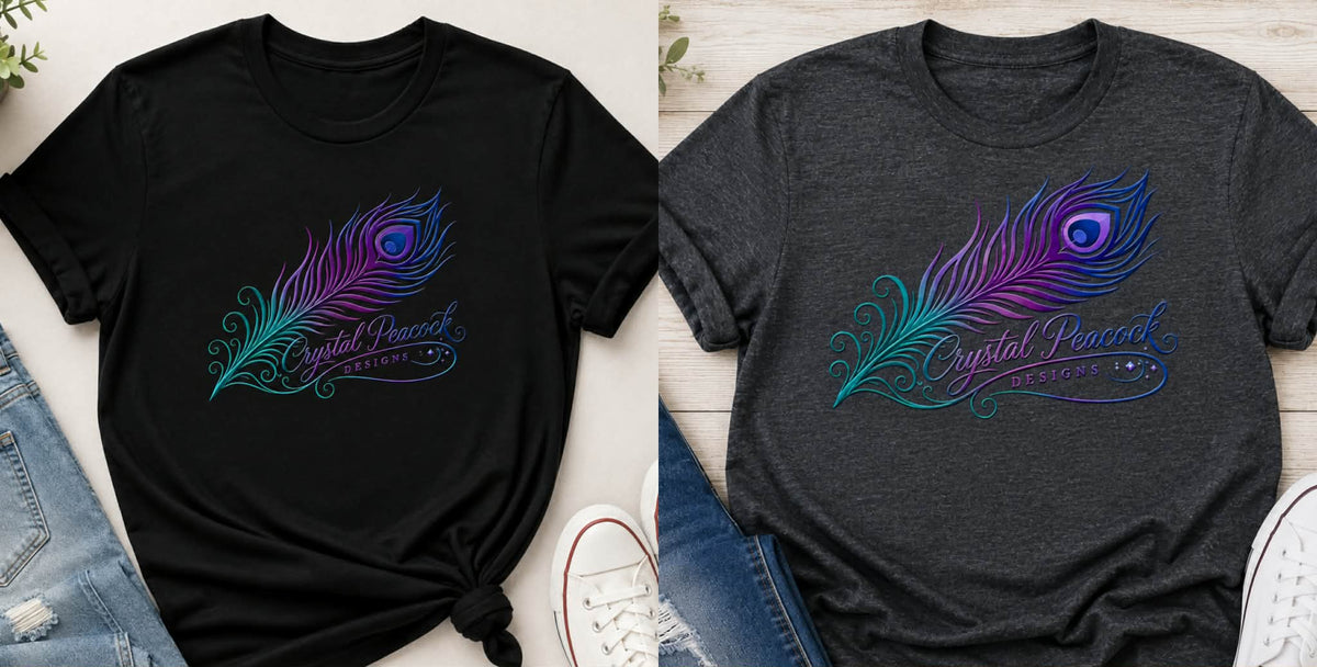 Ombre Feather Tee in Black and Heather Gray with Crystal Peacock Designs logo
