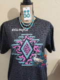 Specialty short sleeve with Aztec decal on leopard print base â€” example