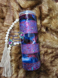 Blue and Maroon Buckaroo Glitter Stripe 20oz Tumbler - alternating chunky glitter and ink swirl stripes in blue and maroon