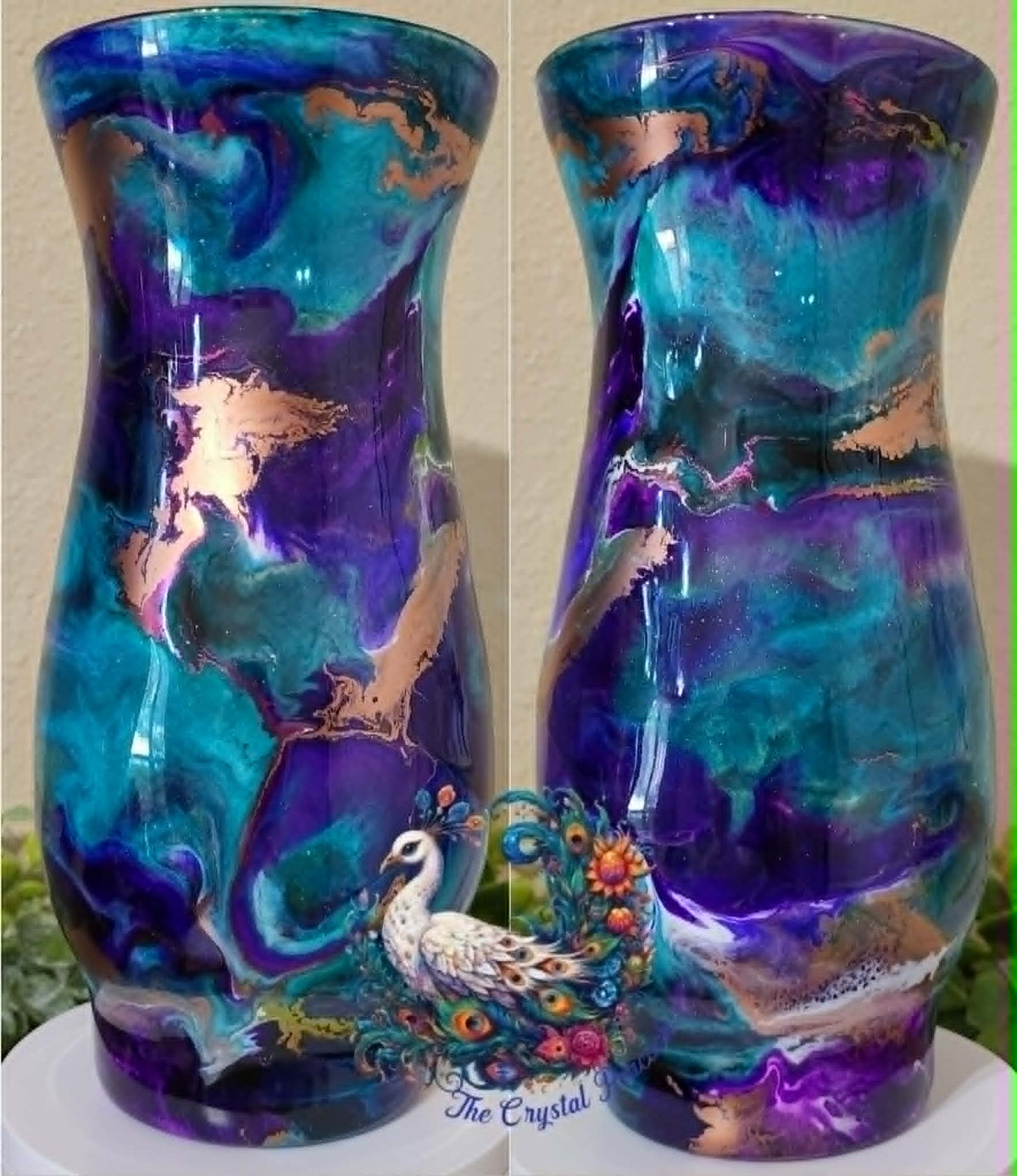 Libbey 2 The Colors pour art vase in deep purples teals blues and copper shimmer