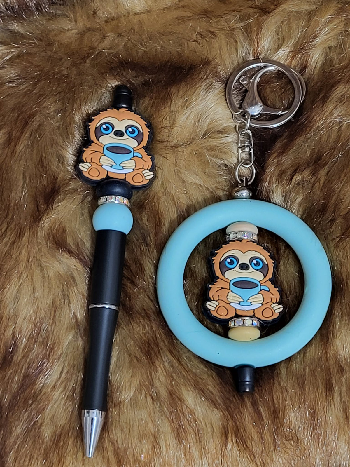 Sloth coffee beaded pen and light blue wristlet keychain set by Crystal Peacock Designs