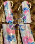 Pink and Blue Marble 20oz Tumbler - pink blue marble swirl with peacock feather and floral decal