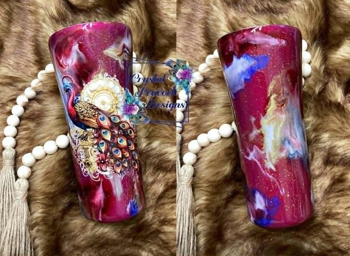 Peacock 16oz Travel Tumbler - raspberry glitter with purple blue ink swirl and peacock decal