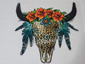 Cheetah Floral Bull Skull western shirt decal with orange flowers and teal feathers