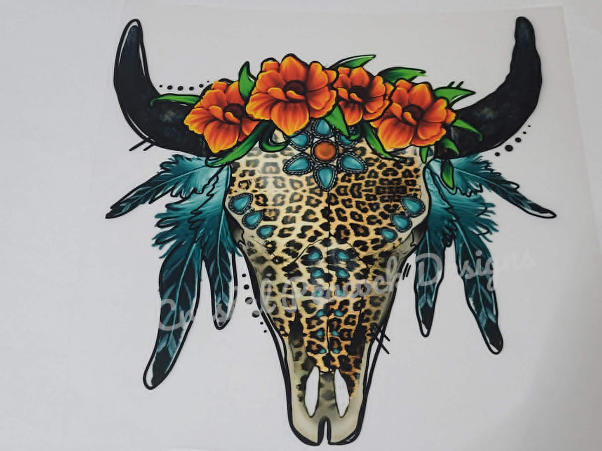 Cheetah Floral Bull Skull western shirt decal with orange flowers and teal feathers