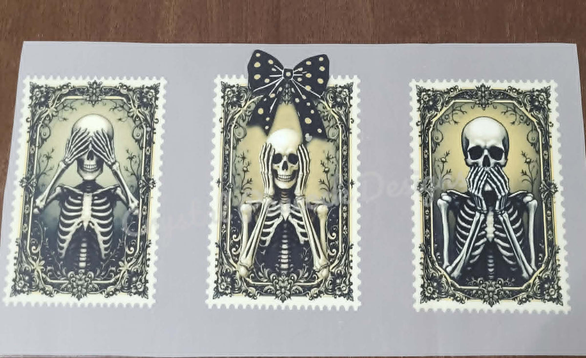 Hear Speak See No Evil Skeletons shirt decal with three gothic Victorian stamp frame skeletons