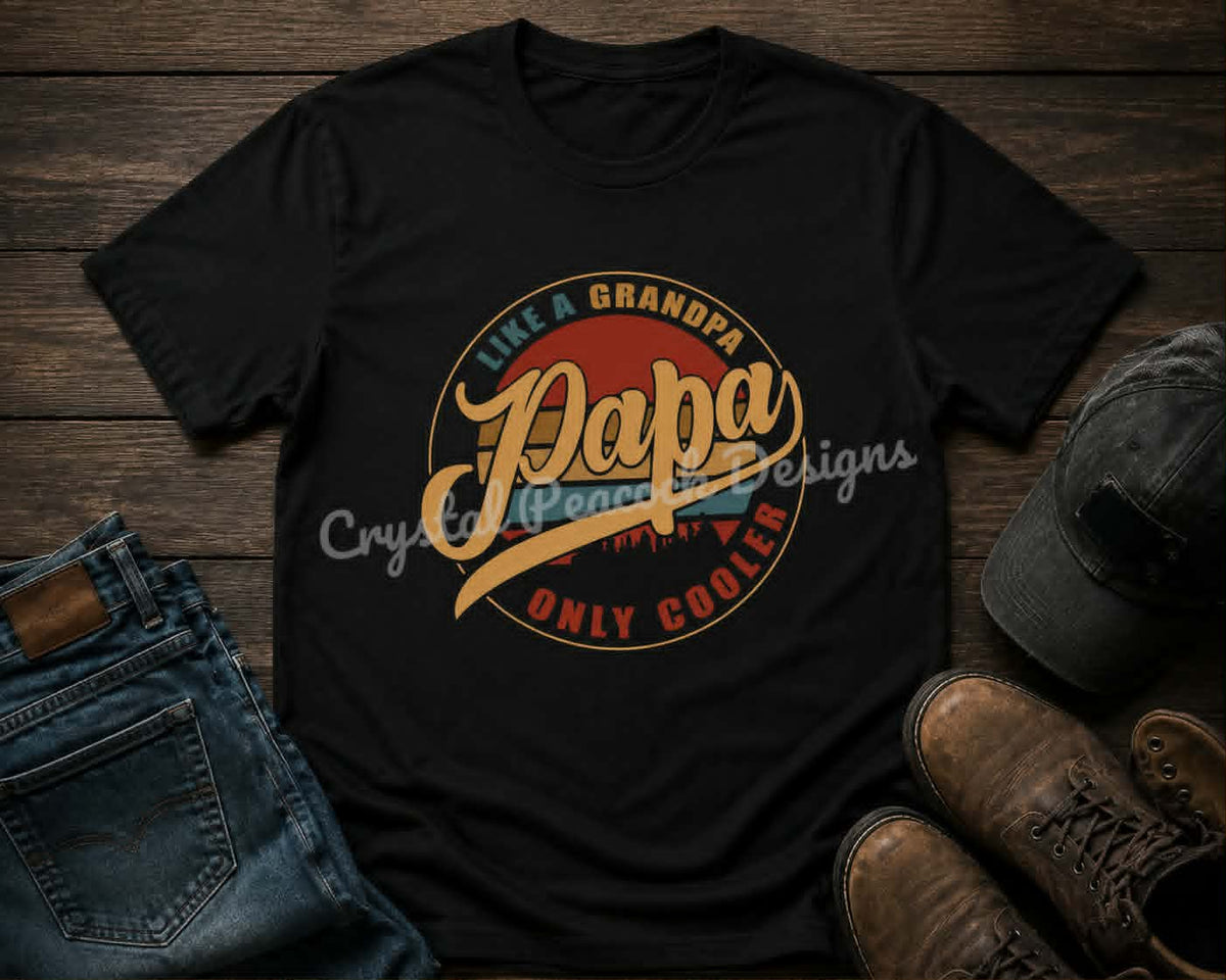 Papa Like a Grandpa Only Cooler retro vintage sunset shirt decal shown on black shirt