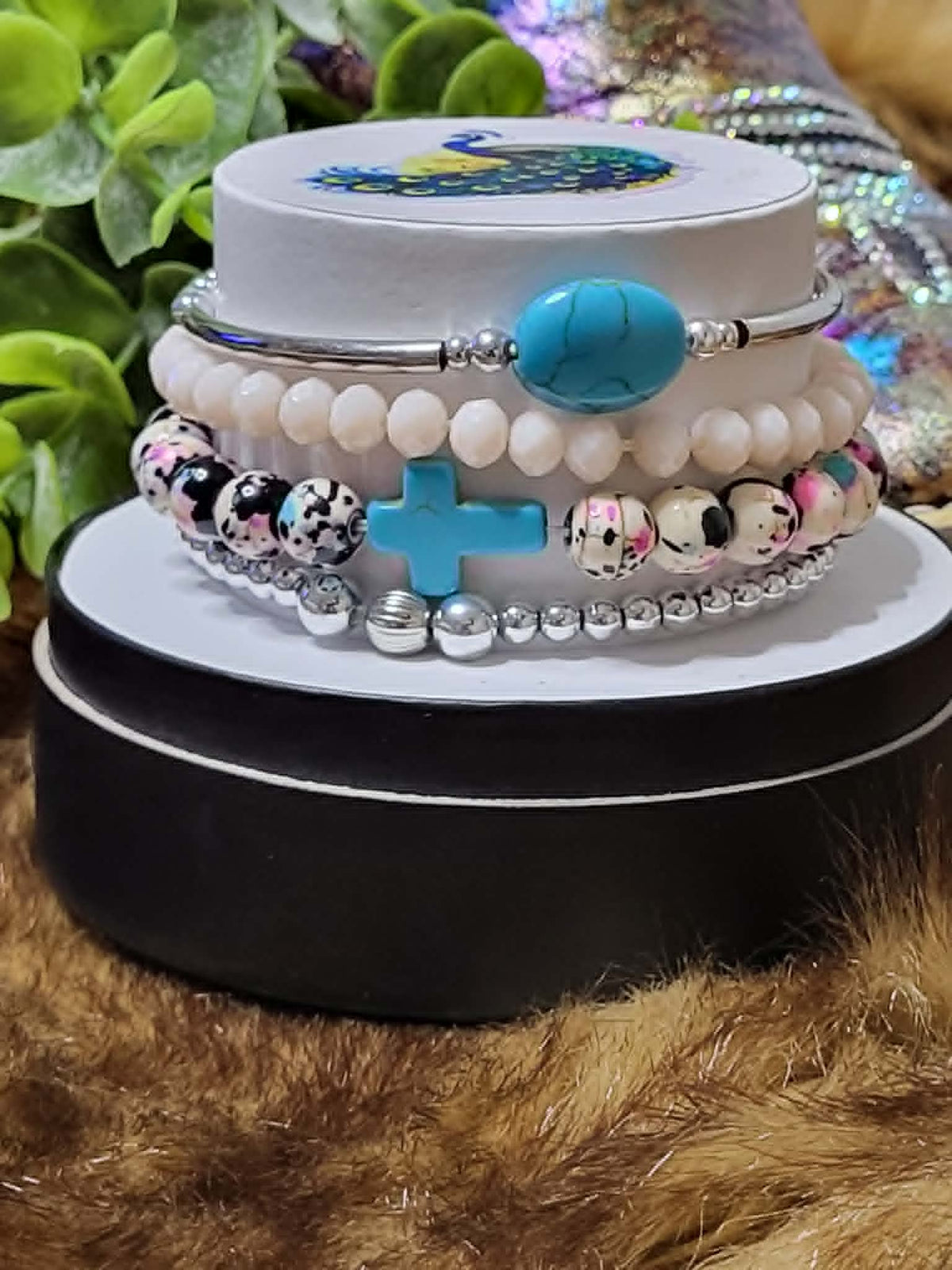 Turquoise Cross Speckled 4-Piece bracelet stack