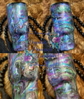Pigment and Chameleon 24oz Tumbler - iridescent blue purple green swirl with peacock floral decal