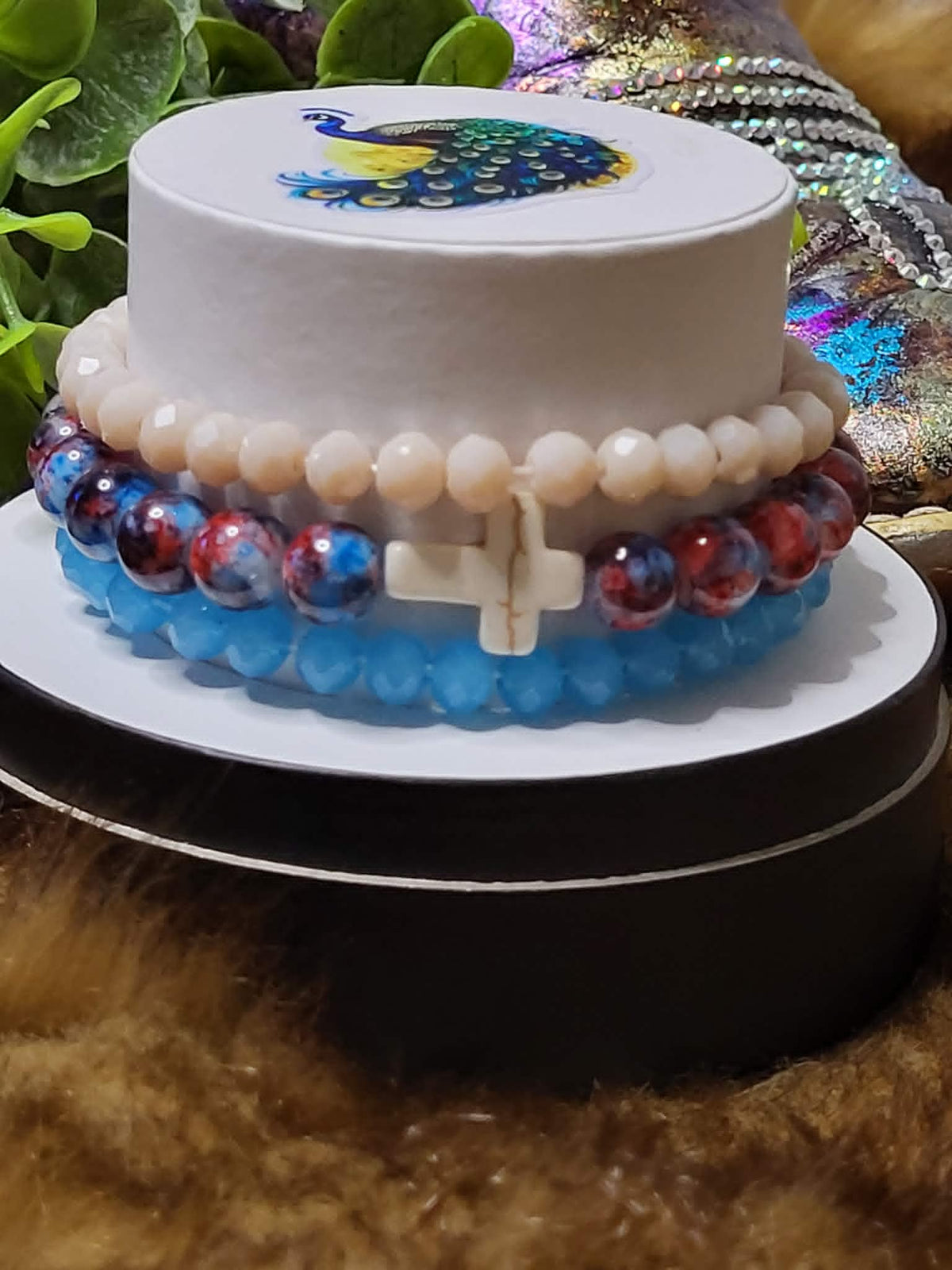 Red and Blue Marble Cross 3-Piece bracelet stack