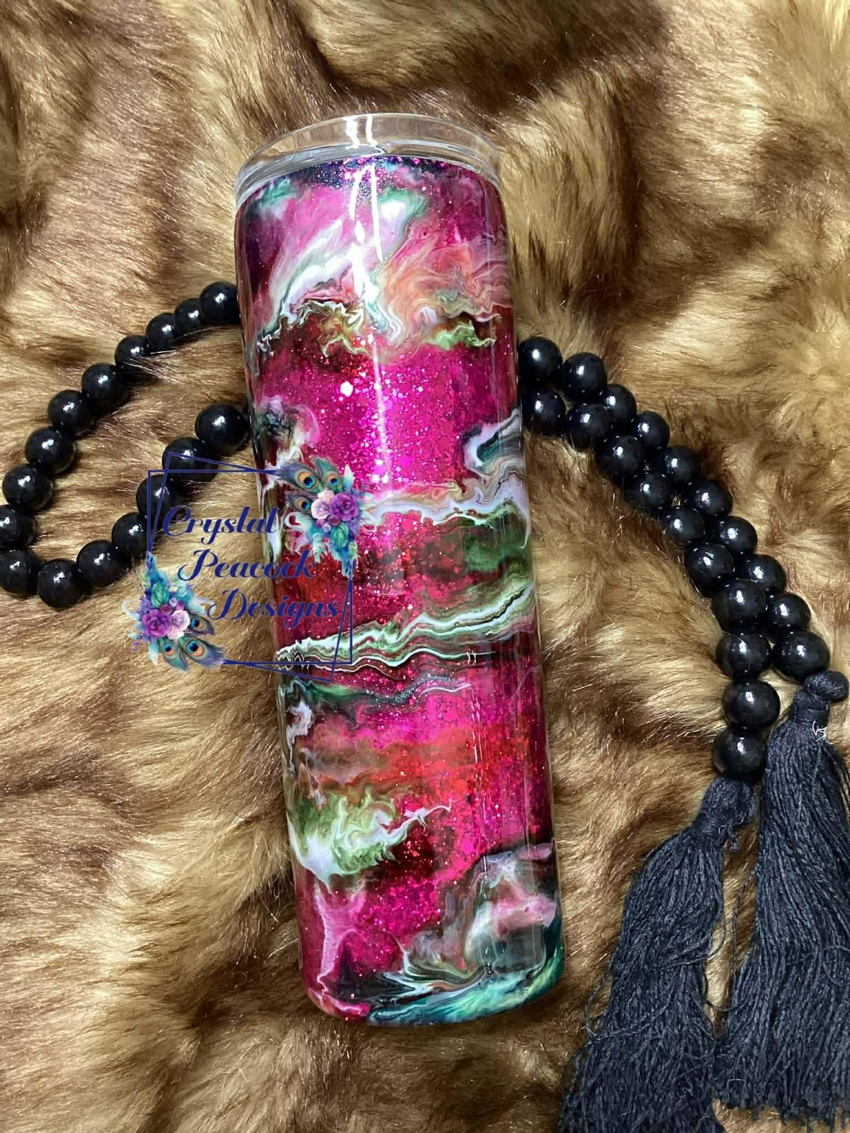 Glitter Swirl 20oz Skinny Tapered Tumbler - chunky raspberry glitter base with green white jewel tone ink swirl