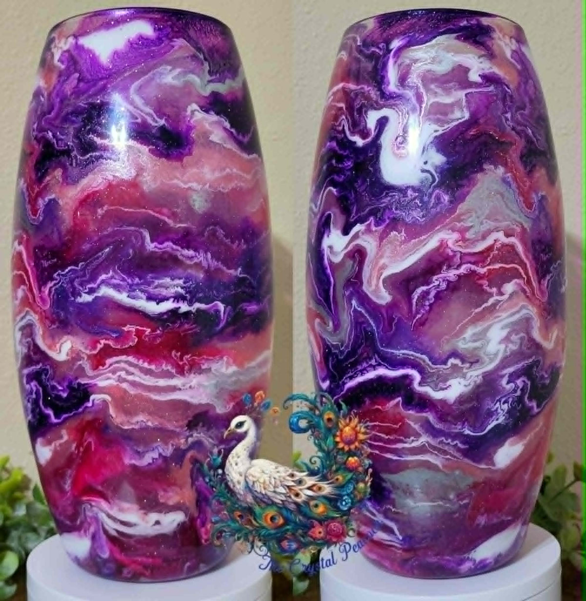 Libbey #5 Purples Pinks and White epoxy art vase in deep purples vibrant magentas soft pinks whites and silver shimmer