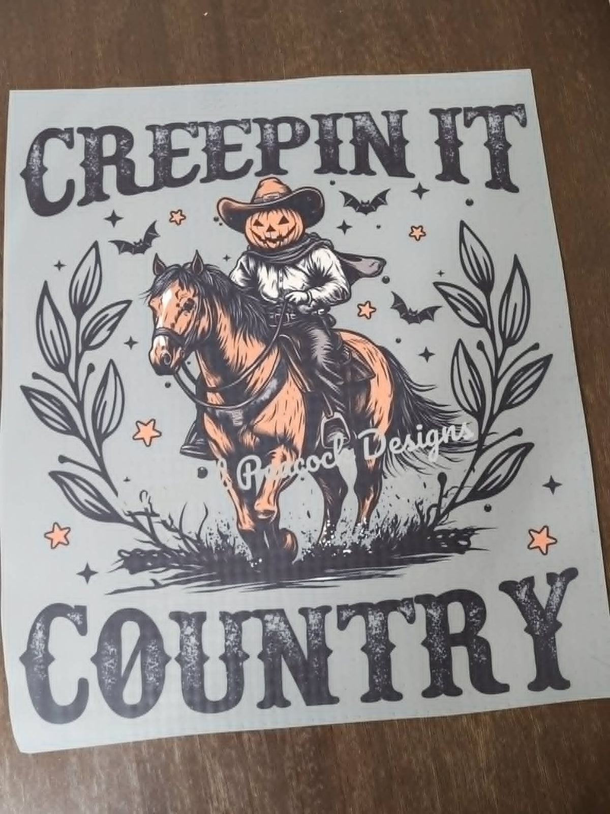 Creepin It Country jack-o-lantern cowboy on horse Halloween western shirt decal