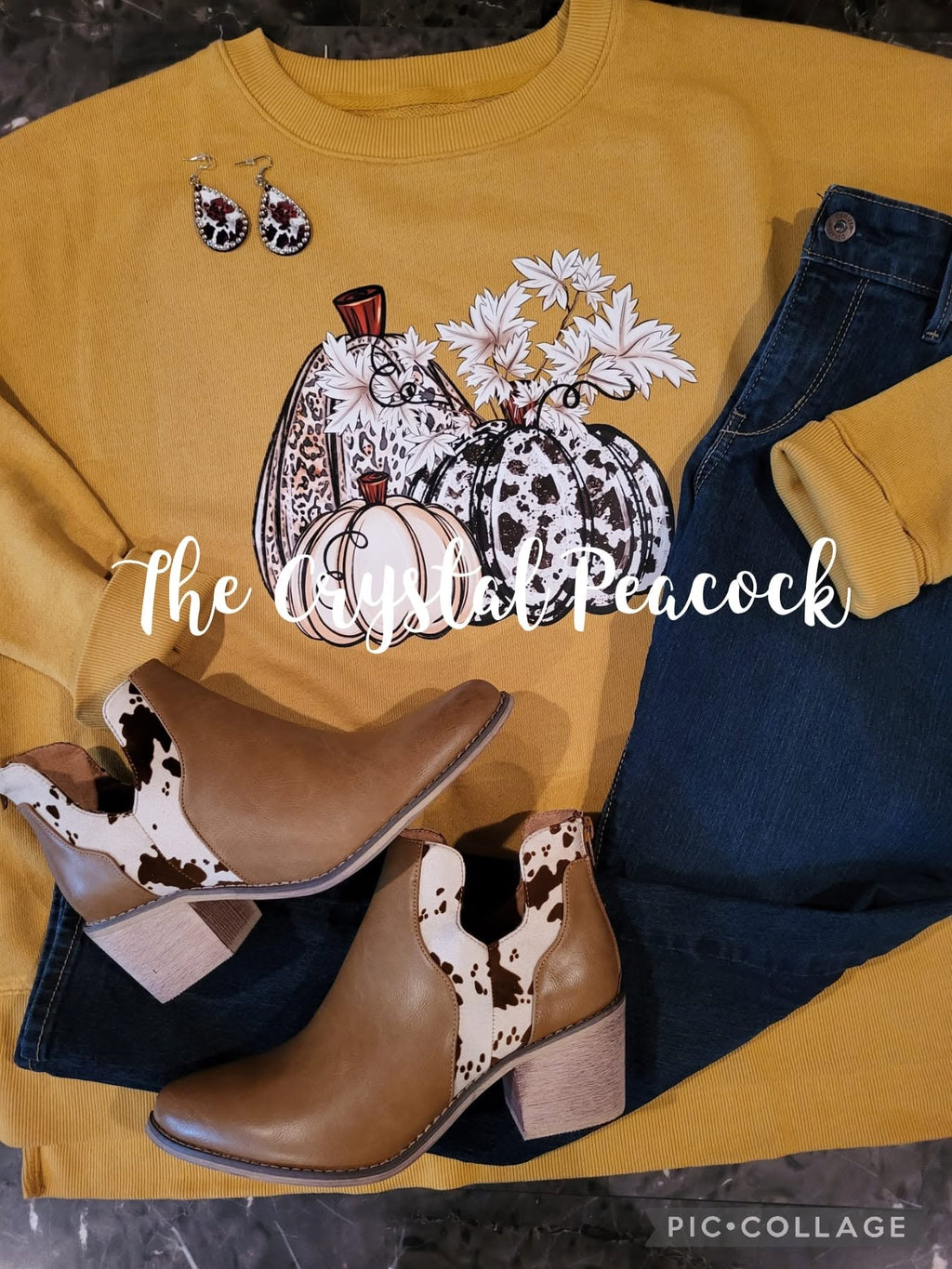 Boho Pumpkin Trio leopard cow print and floral pumpkins fall shirt decal on mustard sweatshirt