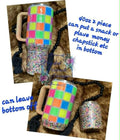 Neon Cowgirl Glitter Duo Snack Combo 40oz Tumbler - neon checkerboard top with custom chunky glitter screw-off bottom compartment