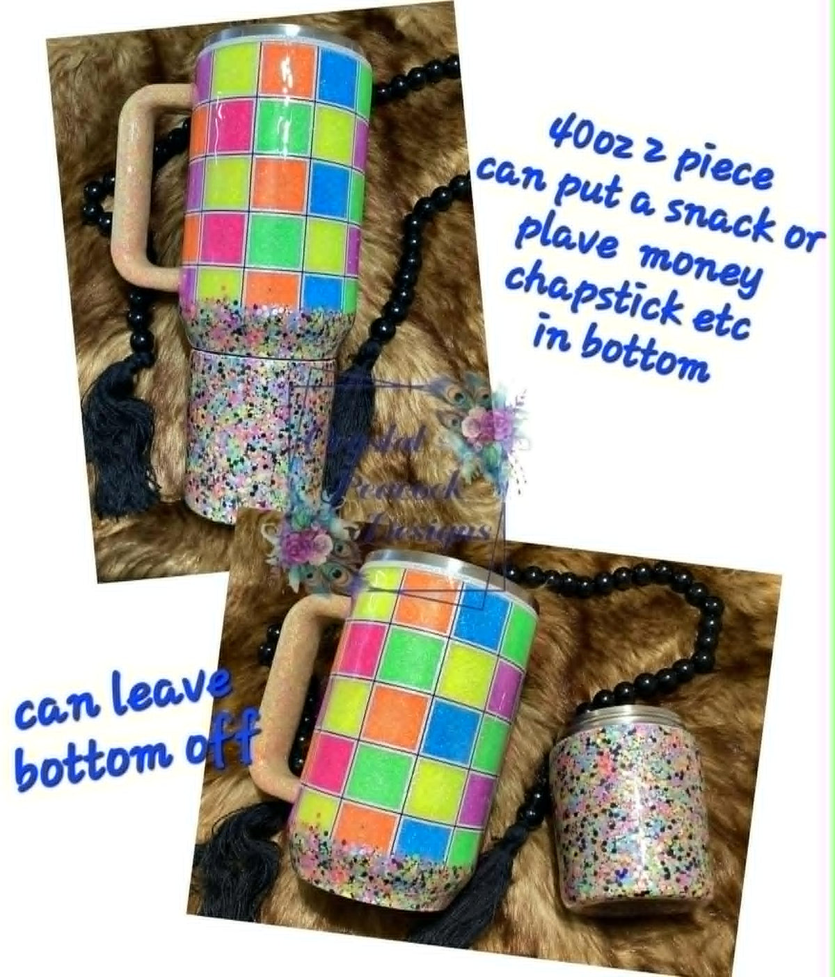 Neon Cowgirl Glitter Duo Snack Combo 40oz Tumbler - neon checkerboard top with custom chunky glitter screw-off bottom compartment