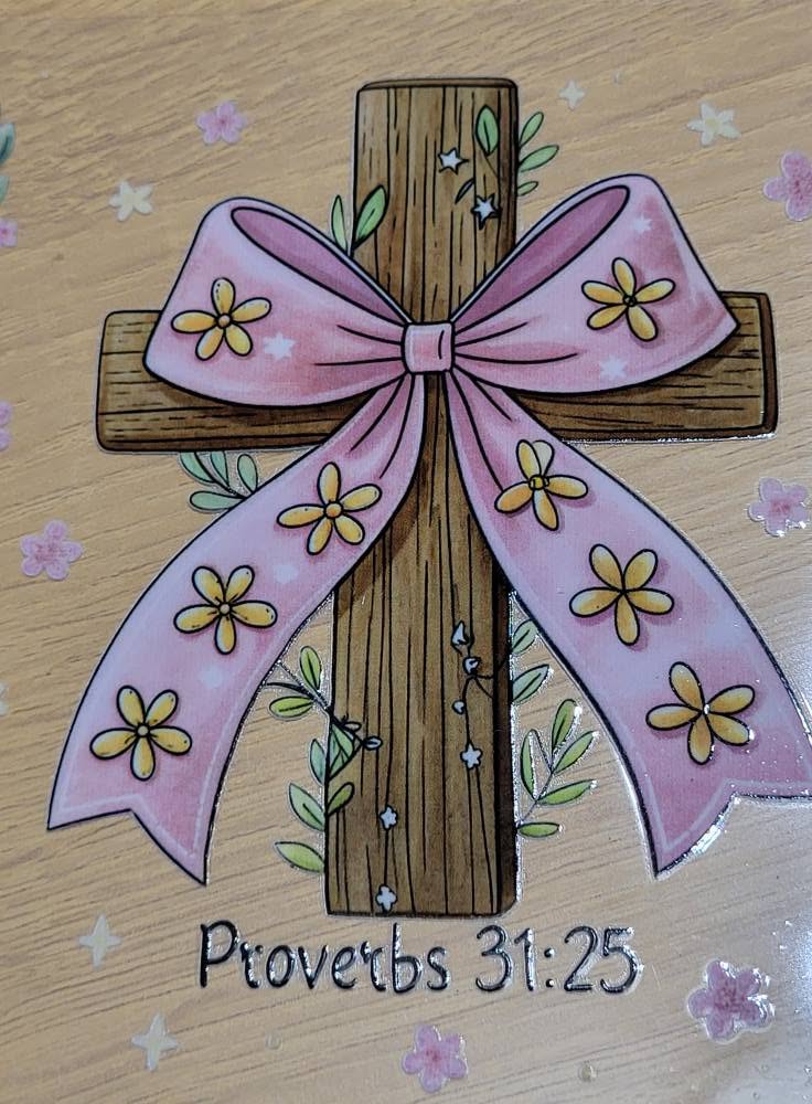 Proverbs 31:25 Wooden Cross with Pink Bow Decal - rustic wooden cross with large flowing pink coquette bow with yellow daisies green vine accents and Proverbs 31:25 scripture