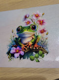 Watercolor Tree Frog with Pink Florals Decal - green tree frog with big eyes on branch surrounded by pink cosmos flowers and purple blooms
