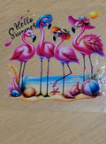 Hello Summer Flamingos Beach Scene Decal - four fabulous pink flamingos on sunny beach with sunglasses hats seashells starfish beach ball and Hello Summer script