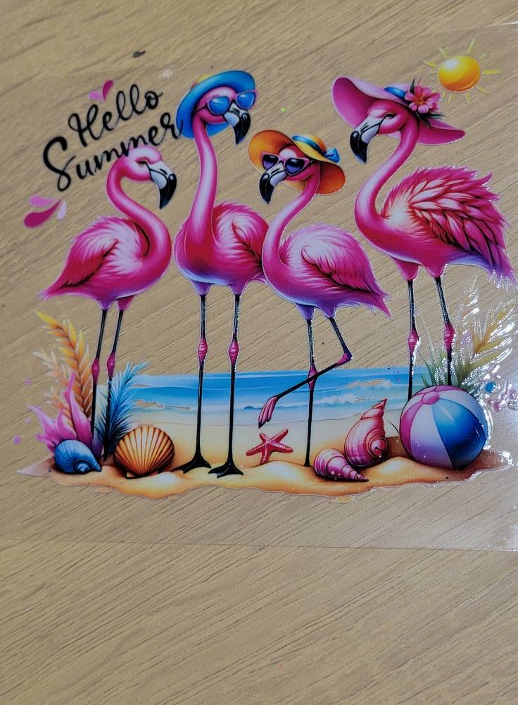 Hello Summer Flamingos Beach Scene Decal - four fabulous pink flamingos on sunny beach with sunglasses hats seashells starfish beach ball and Hello Summer script