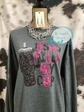 Jesus Fills My Cup sparkly pink and black shirt decal on dark heather gray long sleeve shirt