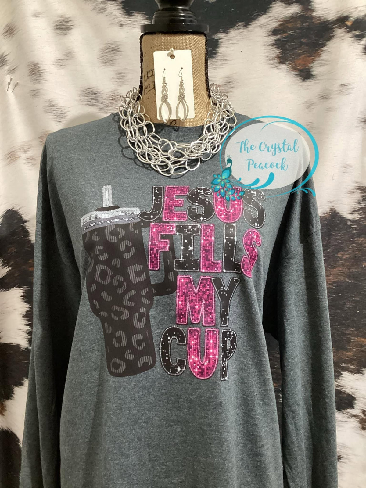 Jesus Fills My Cup sparkly pink and black shirt decal on dark heather gray long sleeve shirt