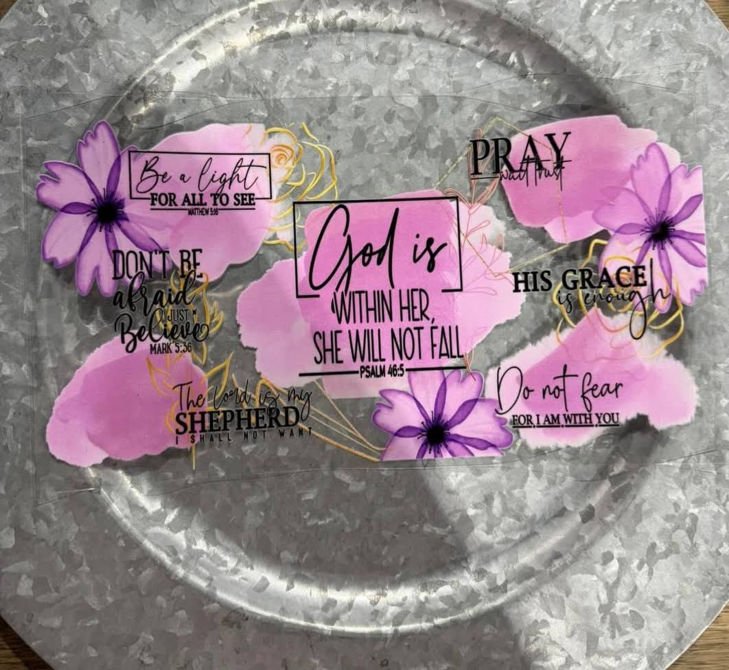 God is Within Her Pink Floral Scripture Wrap Decal - pink watercolor floral background with purple clematis and gold vines featuring seven faith quotes including God is Within Her She Will Not Fall Psalm 46:5