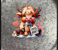 Highland Cow Coffee Addict Decal - fluffy brown highland cow holding iced coffee with Coffee Addict sign and pink hearts