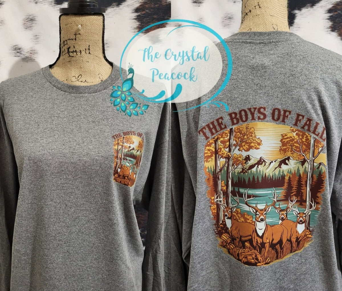 The Boys of Fall deer hunting front and back shirt decal shown on gray long sleeve shirt with autumn wilderness scene