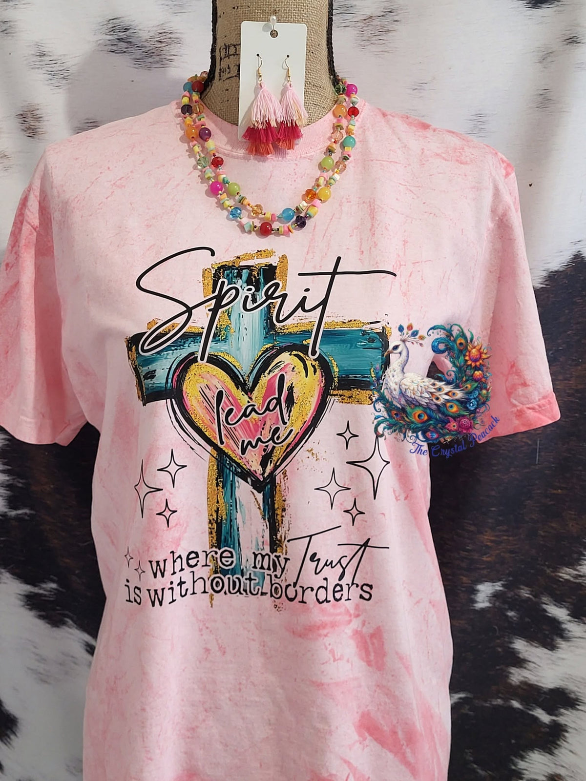 Spirit Lead Me Where My Trust is Without Borders teal gold cross shirt decal on bleached pink specialty shirt