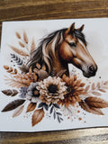 Boho Horse with Autumn Florals Decal - chestnut horse with flowing mane surrounded by autumn dahlias sunflowers pampas grass and earthy leaves