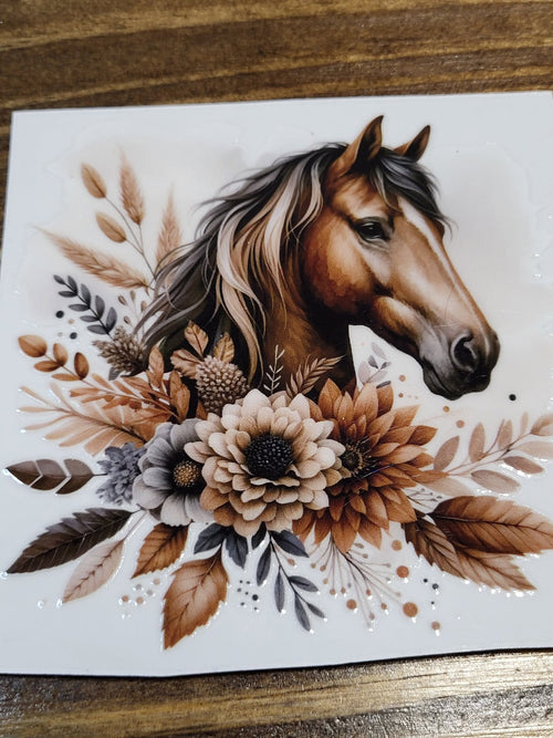 Boho Horse with Autumn Florals Decal - chestnut horse with flowing mane surrounded by autumn dahlias sunflowers pampas grass and earthy leaves
