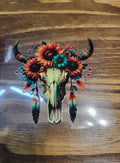Bull Skull with Flowers and Feathers Decal - bull skull with orange teal sunflowers and Aztec feathers