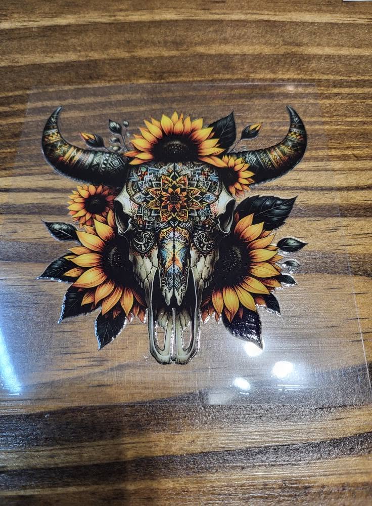 Mandala Bull Skull with Sunflowers Decal - detailed bull skull with mandala and golden sunflowers