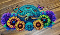 Sea Turtle Mandala Sunflower and Butterfly Wrap Decal - sea turtle over teal mandala with vibrant sunflowers dahlias and colorful butterflies full wrap