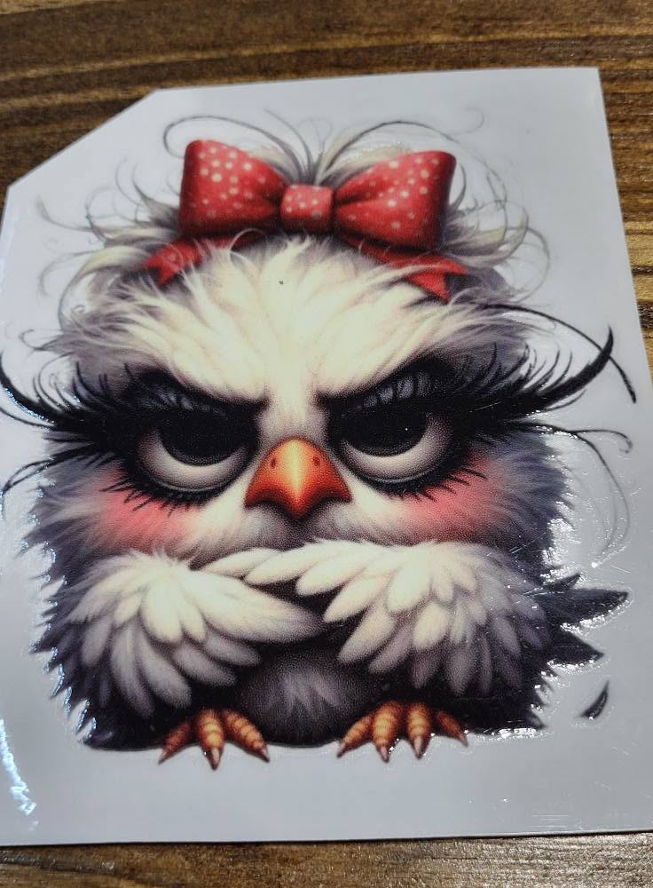 Grumpy Owl with Red Bow Decal - hilariously grumpy fluffy owl with heavy lidded eyes rosy cheeks and red polka dot bow