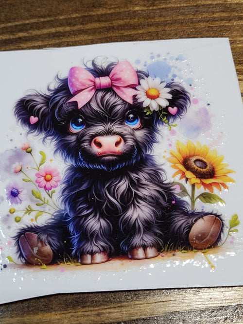Black Highland Calf with Flowers Decal - fluffy black baby highland cow with pink bow daisy and sunflower