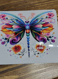 Rainbow Floral Dragonfly with Swirl Filigree Decal - breathtaking dragonfly with layered rainbow floral wings beaded jewel body and elegant silver swirl filigree tails with orange and red blooms