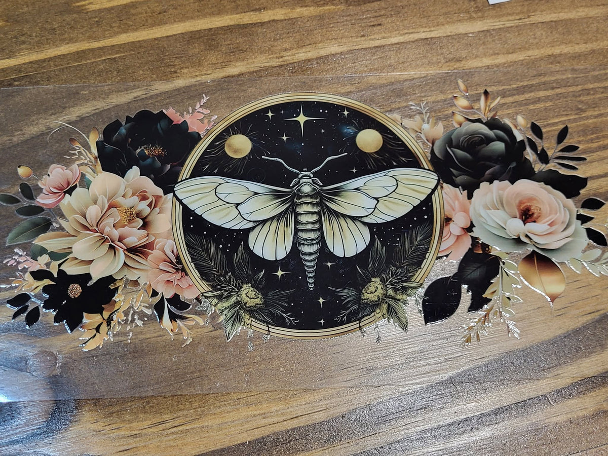 Dark Boho Moth Celestial Moon and Floral Decal - cream moth in gold rimmed celestial circle with starry sky triple moon phases dusty pink peonies and black roses