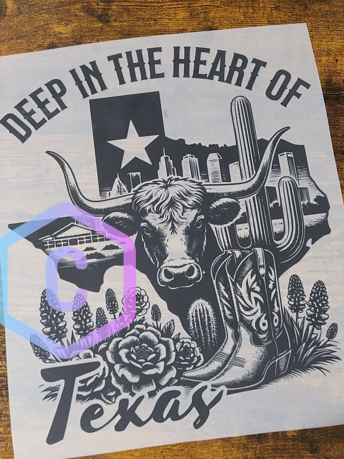 Deep in the Heart of Texas black ink shirt decal