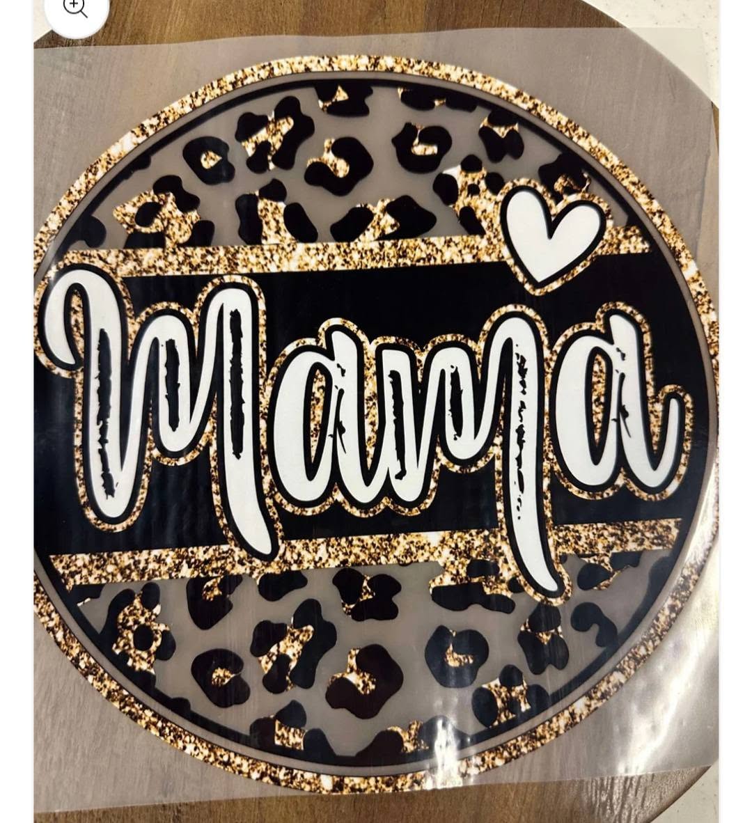 Faux glitter Mama leopard print round shirt decal with gold glitter border and white heart
