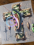 Camo cross with largemouth bass and fishing lures shirt decal full color design