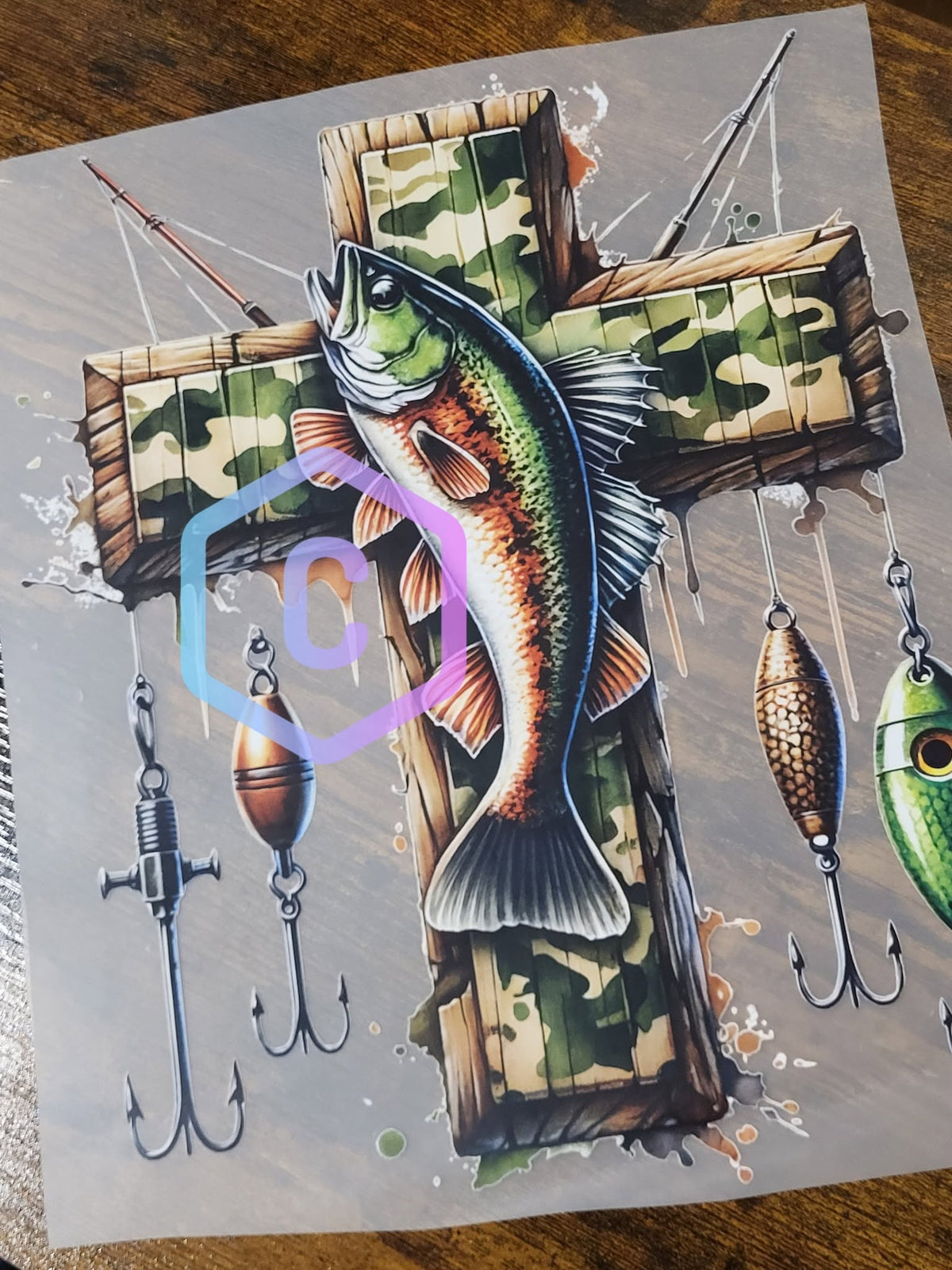 Camo cross with largemouth bass and fishing lures shirt decal full color design