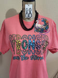 Stronger Than the Storm leopard print decal on coral pink shirt