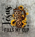 Jesus Fills My Cup Leopard Print Tumbler and Sunflowers Decal - bold leopard print tumbler with vibrant sunflowers and Jesus Fills My Cup Psalm 23:5 faith quote with star accents